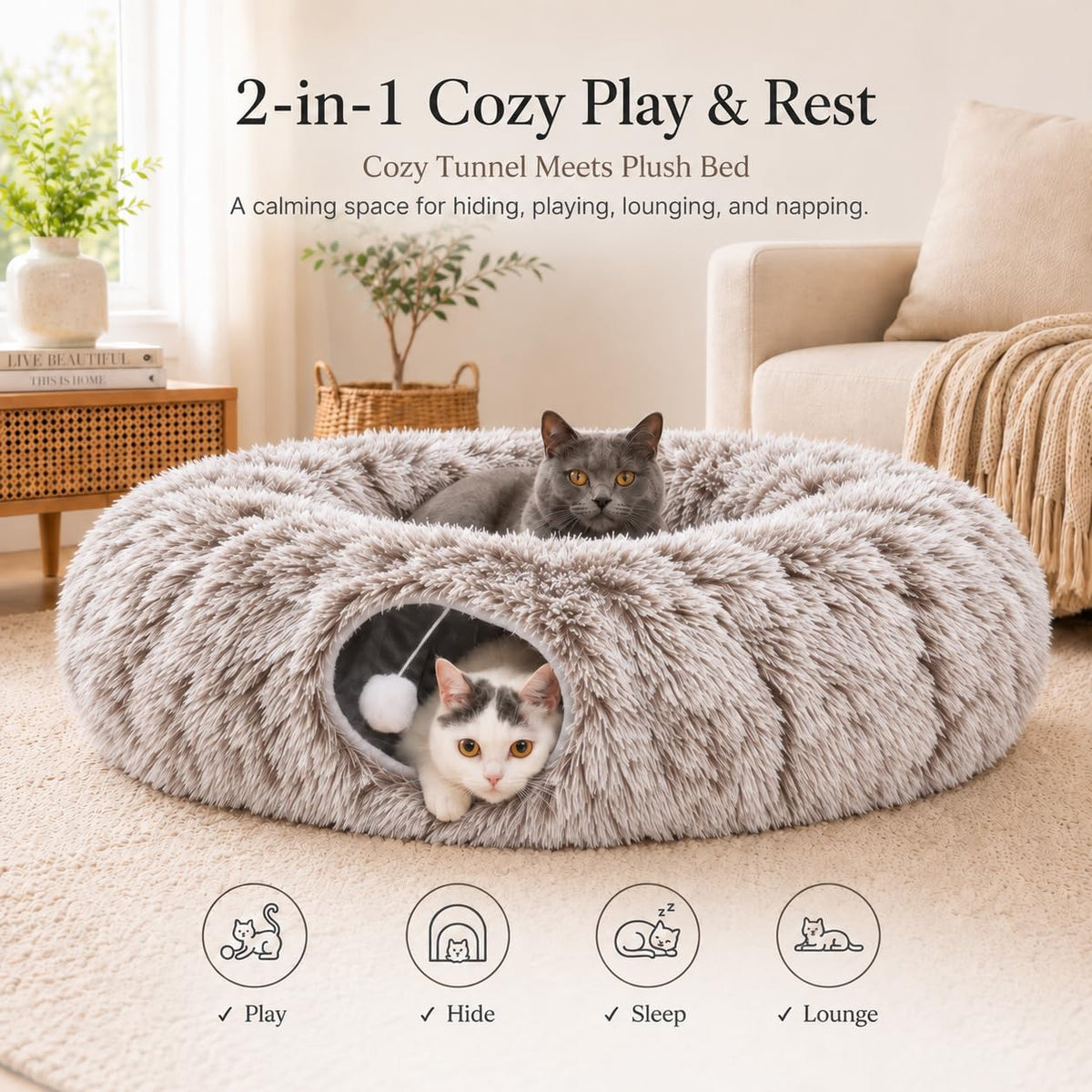 Fluffy Cat Tunnel Bed under Christmas Tree, Plush Warm Brown