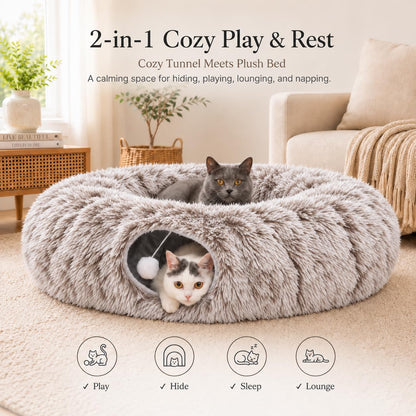 Fluffy Cat Tunnel Bed under Christmas Tree, Plush Warm Brown