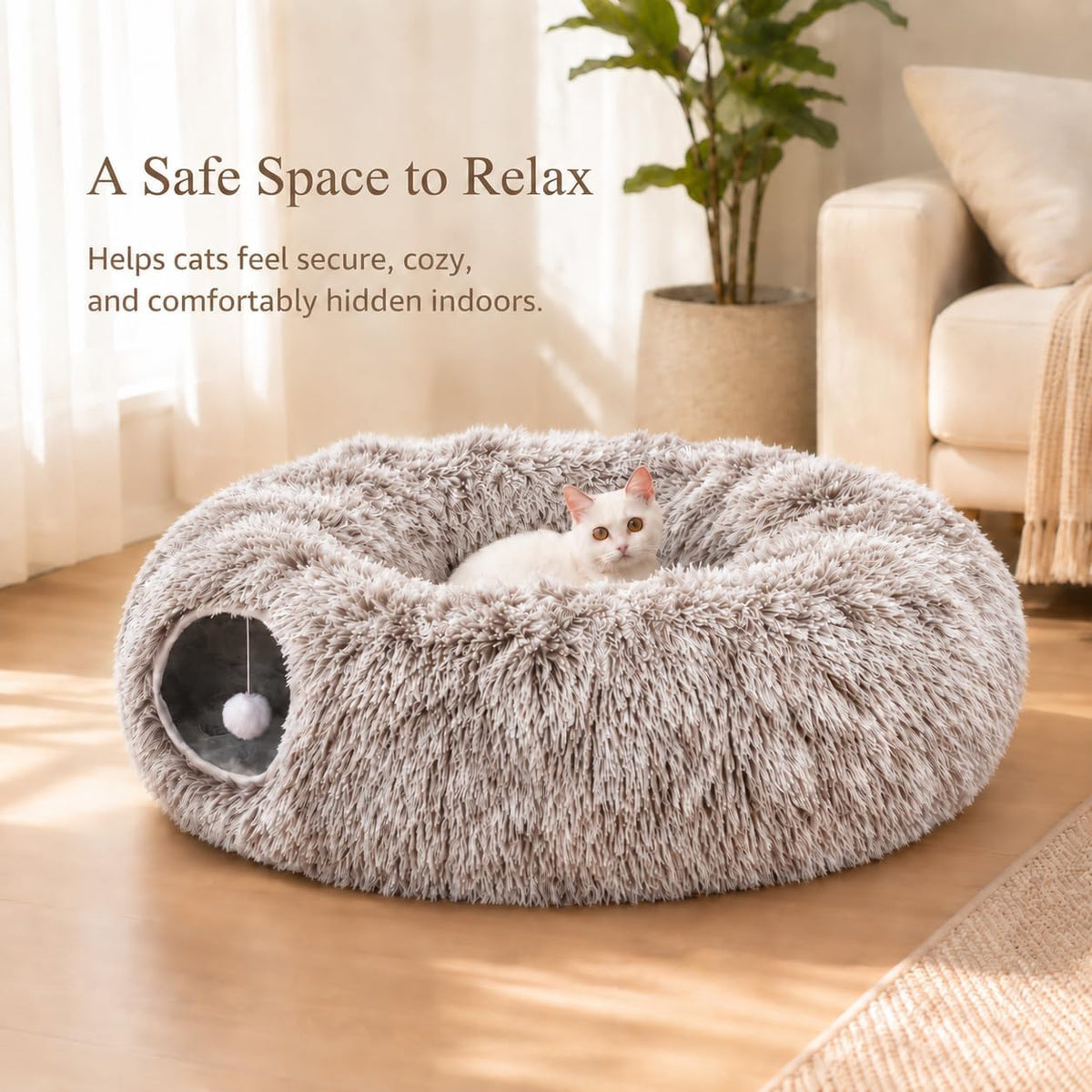 Fluffy Cat Tunnel Bed under Christmas Tree, Plush Warm Brown