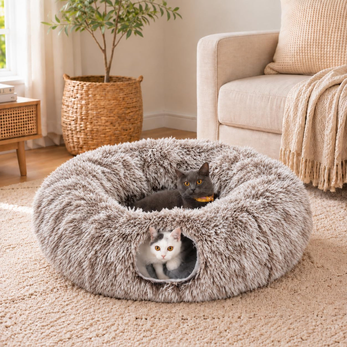 Fluffy Cat Tunnel Bed under Christmas Tree, Plush Warm Brown
