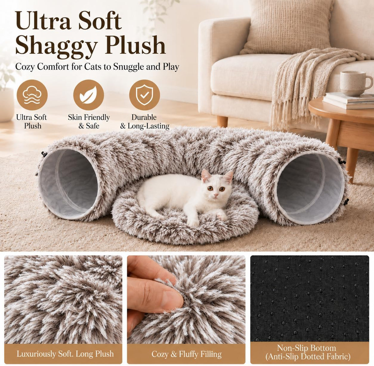 Fluffy Cat Tunnel Bed under Christmas Tree, Plush Warm Brown