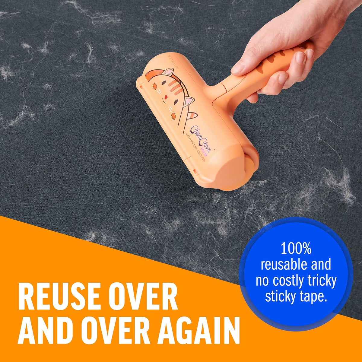 Pet Hair Remover – Original Size Reusable Lint Roller for Cat & Dog Hair on Furniture, Couch, Carpet, Car, Rugs & Bedding – Portable, Eco-Friendly (Cat)