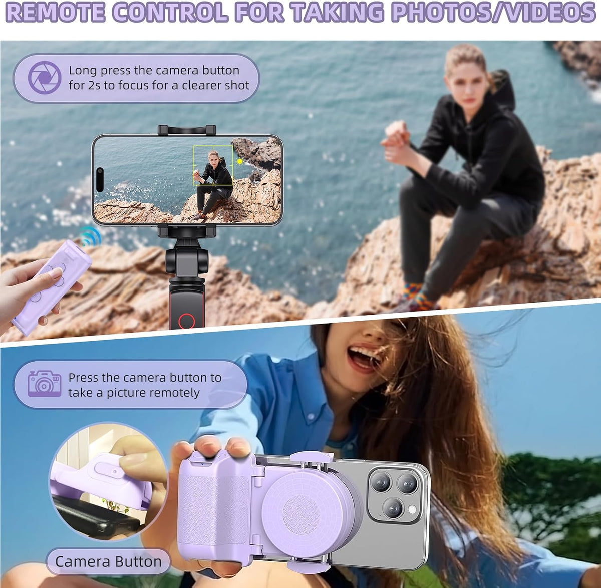 Remote Control Scrolling for Tiktok with Phone Stand,Page Turner for Kindle App E-Book,Bluetooth Camera Shutter Remote for Iphone, Android,Ios,Ipad,Tablet(Purple