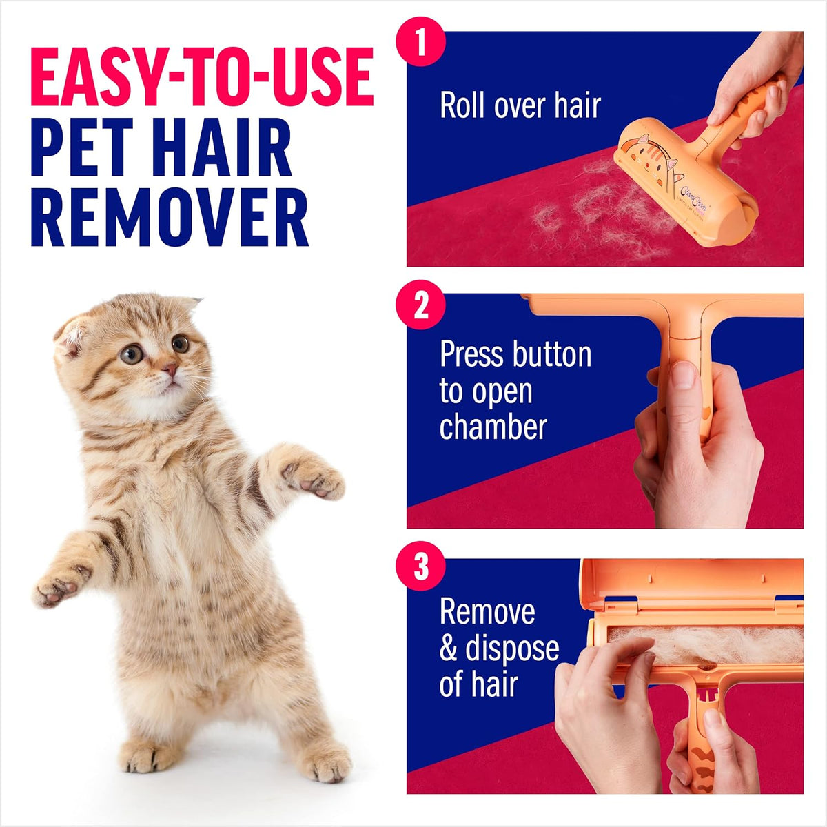 Pet Hair Remover – Original Size Reusable Lint Roller for Cat & Dog Hair on Furniture, Couch, Carpet, Car, Rugs & Bedding – Portable, Eco-Friendly (Cat)
