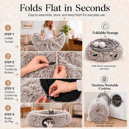 Fluffy Cat Tunnel Bed under Christmas Tree, Plush Warm Brown