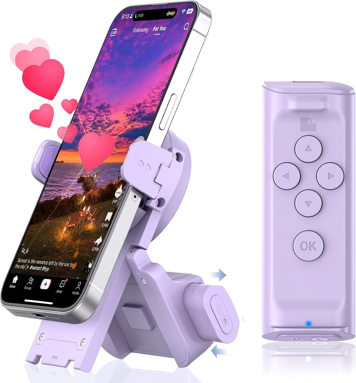 Remote Control Scrolling for Tiktok with Phone Stand,Page Turner for Kindle App E-Book,Bluetooth Camera Shutter Remote for Iphone, Android,Ios,Ipad,Tablet(Purple