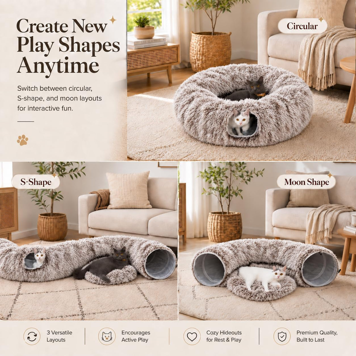 Fluffy Cat Tunnel Bed under Christmas Tree, Plush Warm Brown