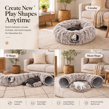 Fluffy Cat Tunnel Bed under Christmas Tree, Plush Warm Brown