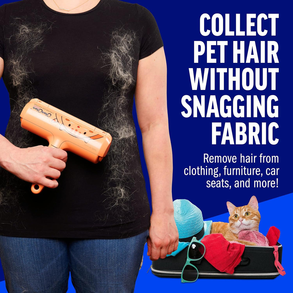 Pet Hair Remover – Original Size Reusable Lint Roller for Cat & Dog Hair on Furniture, Couch, Carpet, Car, Rugs & Bedding – Portable, Eco-Friendly (Cat)