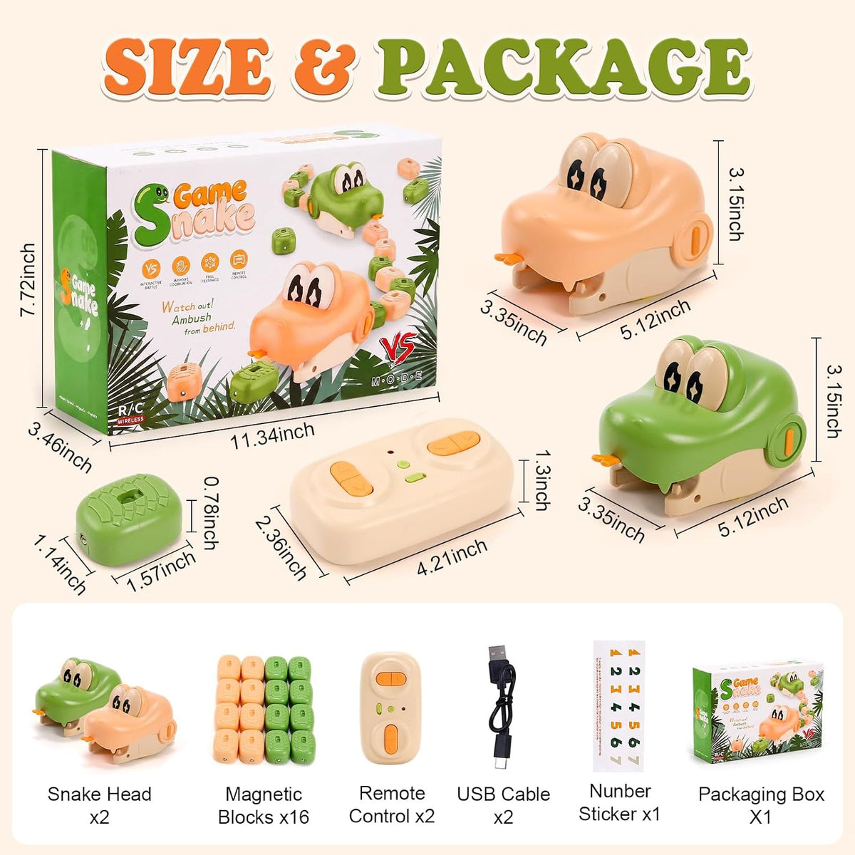 2 Pack Magnetic Snake Game, RC Snake Toy - 16 Magnetic Blocks, 2 Player