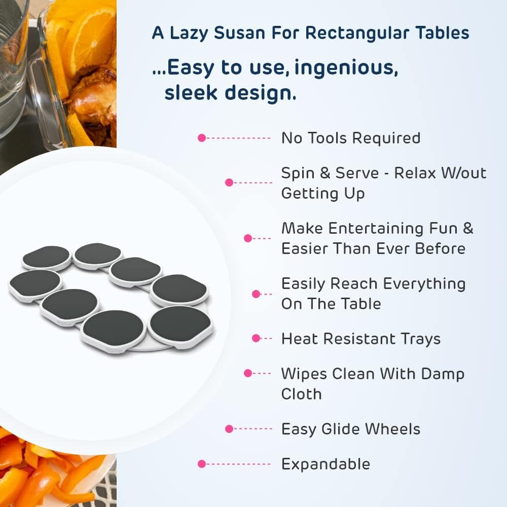 - the First Patented Lazy Susan Turntable for Rectangular Long & Oblong Tables - Expandable Lazy Susan for Kitchen & Dining Tables - Great Gift! Fun at Parties & Gatherings.