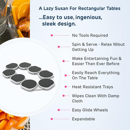 - the First Patented Lazy Susan Turntable for Rectangular Long & Oblong Tables - Expandable Lazy Susan for Kitchen & Dining Tables - Great Gift! Fun at Parties & Gatherings.