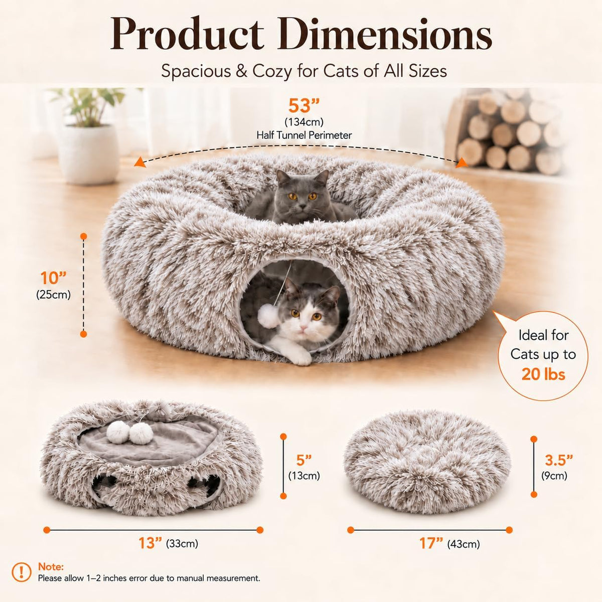 Fluffy Cat Tunnel Bed under Christmas Tree, Plush Warm Brown