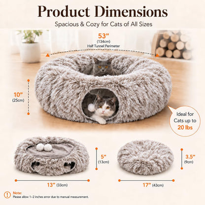 Fluffy Cat Tunnel Bed under Christmas Tree, Plush Warm Brown